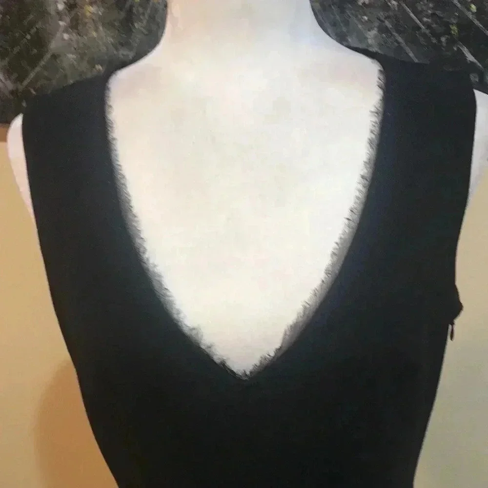 Tahari Sheer Outlined V-Neck Sheath Dress with Side Zipper and Back Slit-Size 6